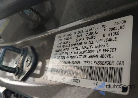 2006 Honda Accord 3.0 Ex from USA, damaged, VIN 1HGCM66536A056395